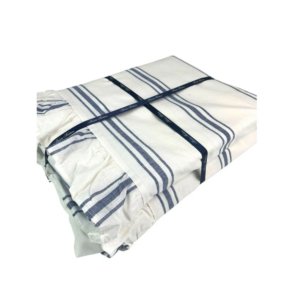 Brooks Brothers Queen Duvet Set Blue White Stripe Ruffle 100% Cotton Cottage New